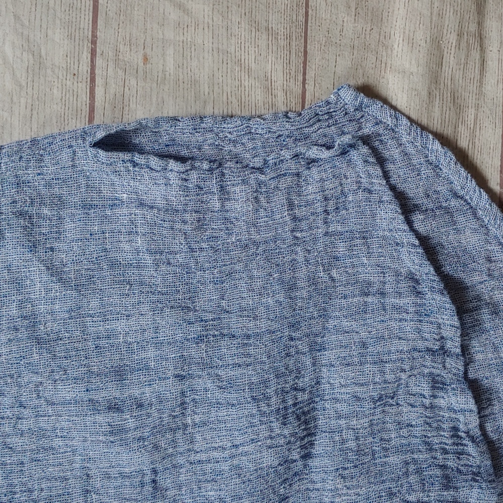 Blue Crinkled Linen Button-Up Shirt Tunic Length Coastal - Picture 4 of 9